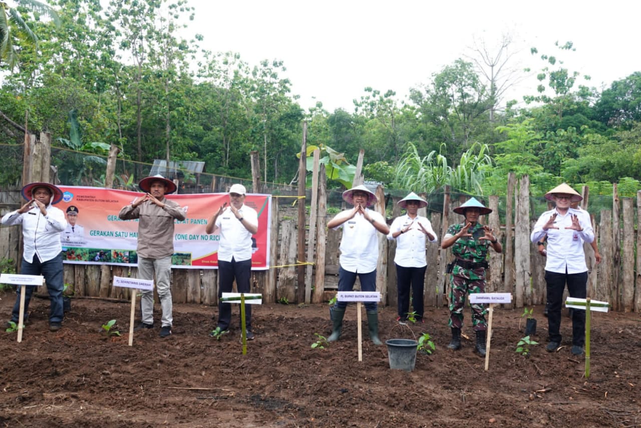 Pj Bupati Busel La Ode Budiman meluncurkan program menanam tanaman cepat panen dan satu hari tanpa nasi di Kelurahan Majapahit. (Foto Istimewa)